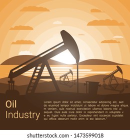 Oil Industry poster, Silhouette Pumpjack on a Background of Mountains at Sunset