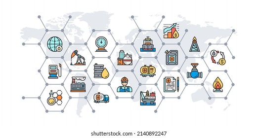 Oil industry presentation banner with colored icons. Fuel Truck, Engineer, Gasoline, Cargo Ship infographics for web business concept.