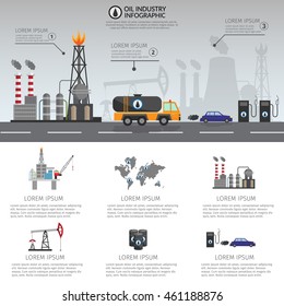 Oil industry processing and transportation infographics set production elements.