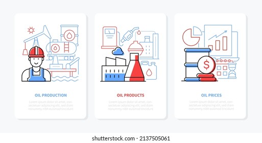 Oil industry and production - line design style banners set with editable stroke and place for text. Technological development, gasoline, rig and barrel, gas station, profit growth, resources