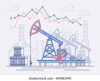 Oil industry, pumps, trade. Graph of price changes and profits. Line vector illustration