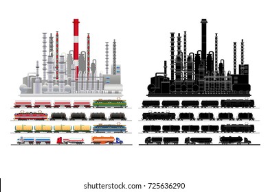 Oil industry refinery factory, petrochemical plant building facade and railway tank-trucks with oil, gasoline and gas in flat style. City landscape. Silhouette. Vector illustration, isolated on white