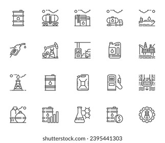Сrude oil, industry, refining. Storage tank, oil production, filling station. 64x64 vector Line Icons Set. Editable Stroke. Pixel Perfect.