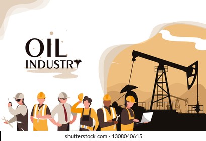 oil industry scene with derrick and workers