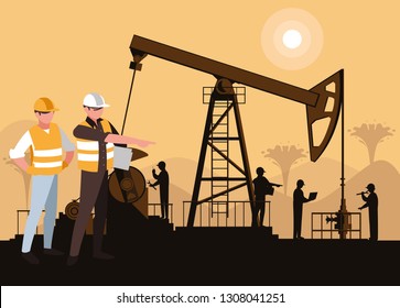 oil industry scene with derrick and workers