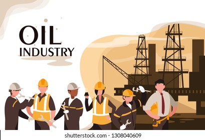 oil industry scene with marine platform and workers