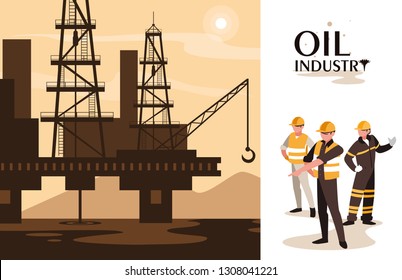 oil industry scene with marine platform and workers