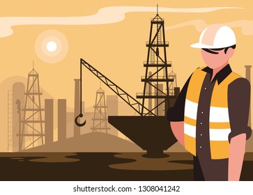 oil industry scene with marine platform and worker