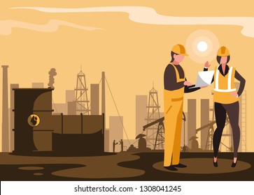 oil industry scene with plant pipeline and workers