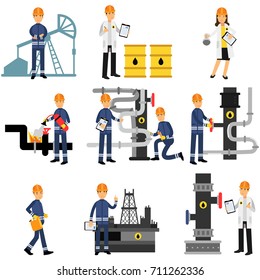 Oil industry set, extraction, production, refinery and transportation oil colorful vector Illustrations