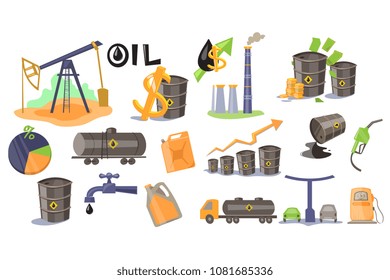Oil industry set, extraction, refinery, production and sale of oil and oil products vector Illustrations on a white background