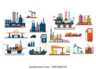 Oil industry set, extraction, refinery and transportation oil and petrol with gas station, vector Illustrations on a white background