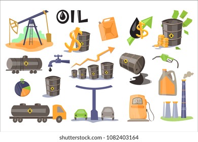 Oil industry set, extraction, refinery, production and sale of oil products vector Illustrations on a white background