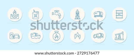 Oil industry set icon. Circular line icons depicting oil tanks, refinery, barrel, gas pump, tanker truck, pipeline, flame, oil spill, gas burner, and extraction tower