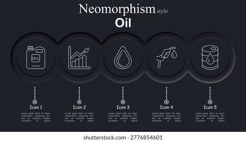Oil industry set icon. Oil container canister, price growth chart, oil drop petroleum, fuel nozzle pump, oil barrel storage, energy industry production.