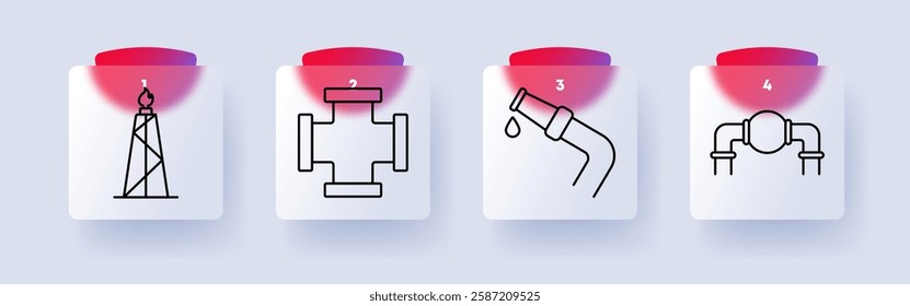 Oil industry set icon. Oil rig, pipeline intersection, fuel nozzle with drop, pipeline system, petroleum, energy, extraction, gas infrastructure, industry