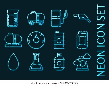 Oil industry set icons. Blue glowing neon style.