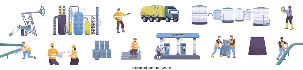 Oil industry set with oil refinery symbols flat isolated vector illustration