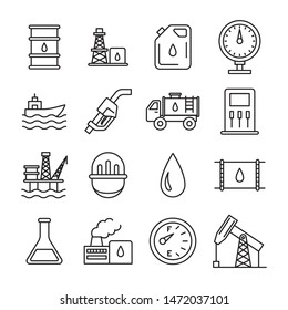 Oil Industry Sign Black Thin Line Icon Set Include of Factory, Pump, Barrel and Ship. Vector illustration of Icons