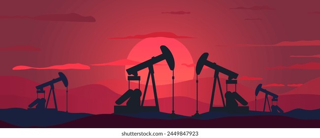 Oil industry. Silhouettes of oil pumps on a beautiful landscape with mountains at sunset. Oil well, working pumps and drilling rig, pumping rig. Vector illustration for design.