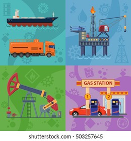 Oil industry Square Banners with Flat Icons extraction production and transportation oil and petrol with gas station, rig and barrels. vector illustration.