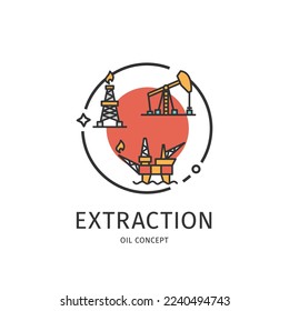 Das Konzept der Dünnschichtextraktion der Ölindustrie umfasst Pumpbuchse und Ölplattform. Vektorgrafik