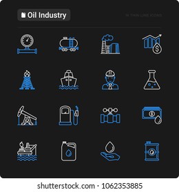 Oil industry thin line icons set: gas, petroleum, diesel,  truck, tanker, ship, refinery, barrel. Modern vector illustration for black theme.