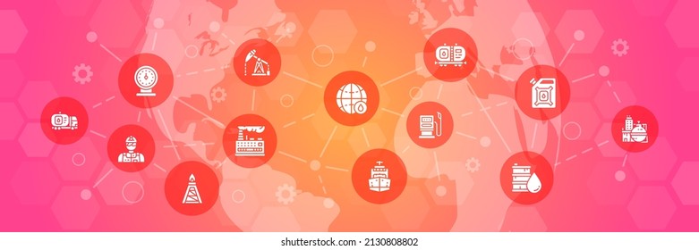 Oil industry vector icons illustration. Fuel Truck, Engineer, Gasoline, Cargo Ship typography banner with promotion line icons.