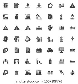 Iconos vectoriales de la industria del aceite, moderno paquete pictograma de estilo de colección de símbolos sólidos. Ilustración del logotipo de la señal. El conjunto incluye iconos como gasolinera, industrial, derrick-bomba, aceite tanque