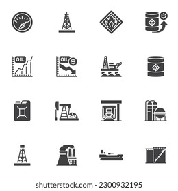 Vektorsymbole der Ölindustrie, moderne Solid-Symbolsammlung, gefülltes Piktogramm-Paket. Zeichen, Logo-Illustration. Set umfasst Symbole wie Offshore-Plattform, Ölpreis, Raffineriebetrieb, Bohranlage