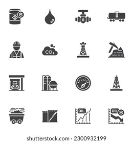 Juego de iconos vectoriales de la industria del aceite, colección moderna de símbolos sólidos, paquete de pictogramas estilo relleno. Señales, ilustración del logotipo. El juego incluye iconos como precio de barril de petróleo, torre de perforación, oleoducto y almacenamiento de tanques