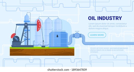 Oil industry vector vector illustration. Cartoon flat refinery factory with drilling rig tower pump jack station, oil tank storage, industrial pipeline. Oil extraction, production, pumping technology