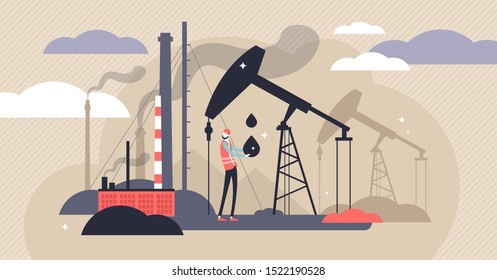 Oil industry vector illustration. Flat tiny fuel mining persons concept. Energy source industry with environment danger pump stations. Diesel plant tank engineering with urban drilling tower equipment