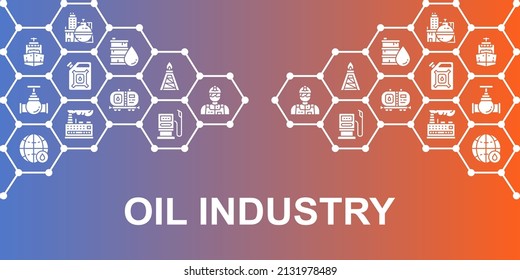 Oil industry vector illustration on blue background. Fuel Truck, Engineer, Gasoline, Cargo Ship banner and presentation design.