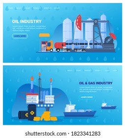 Ilustración vectorial de la industria petrolera. Colección de carteles planos industriales planos de caricatura con torre de perforación o plataforma costera, petróleo crudo, tanque de almacenamiento de gasolina de petróleo y transporte