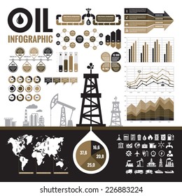 Oil industry - vector infographic elements for presentation, booklet and other design project. Production, transportation and refining of fuel - infograph set. Included 32 icons. 