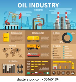 Oil industry vector infographics with extraction transportation and consumption statistics products of refining information and petrol station illustration