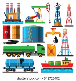 Oil industry vector with production oily transportation oiled objects and elements illustration isolated on white.