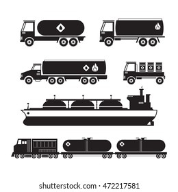 Oil Industry Vehicles, Transportation Silhouette Set, Truck, Tanker Ship and Train, Side View