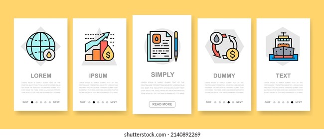 Oil industry vertical banners set. Modern thin line flat icons for website menu. Fuel Truck, Engineer, Gasoline, Cargo Ship mobile screens.