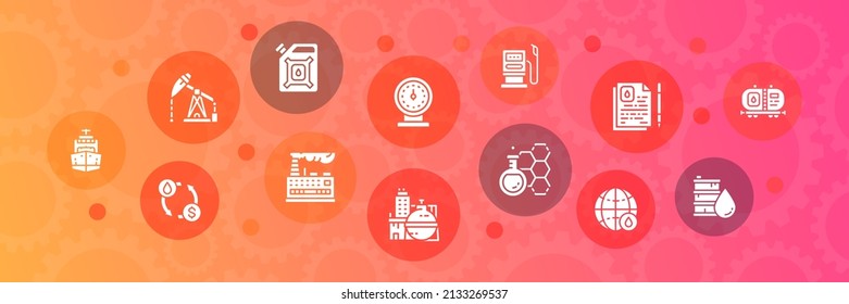 Oil industry web banner with white icons set. Fuel Truck, Engineer, Gasoline, Cargo Ship illustration. Web banner layout template.