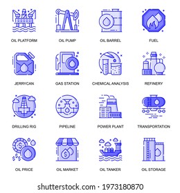 Oil Industry web flat line icons set. Pack outline pictogram of platform, barrel, chemical analysis, pipeline, storage, factory concept. Vector illustration of symbols for website mobile app design