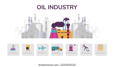 Oil industry web infographic or website elements set design, flat vector illustration isolated on white background. Oil extraction industry banner mockup.