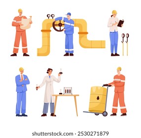 Oil Industry Woman and Man Worker Character Stand in Uniform Vector Illustration Set