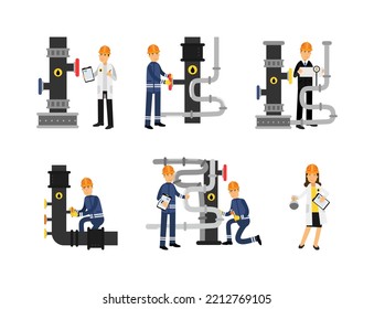 Oil Industry Worker Engaged in Pipeline Maintenance and Technical Inspection Vector Set