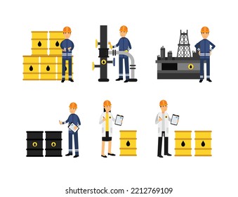 Oil Industry Worker Engaged in Pipeline Maintenance and Technical Inspection Vector Set