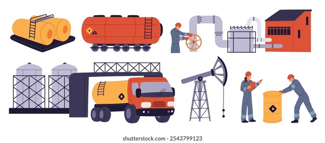 Trabalhadores da indústria petrolífera. Óleos de desenhos animados em roupas de trabalho. Tubos de gás. Contentores ou barris industriais. Engenheiros de petróleo. Logística da gasolina. Refinaria. Cisterna de caminhão