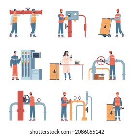 Oil industry workers. Gas and petroleum workers characters. Professional engineers in uniform, chemical employee, pipeline maintenance, technical inspection, vector isolated set