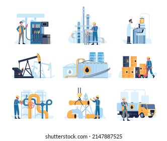 Oil industry workers. Petroleum processing. People at gasoline station or refinery. Gas engineers. Rigs and pipeline construction. Mechanic pumps. Vector fossil fuel