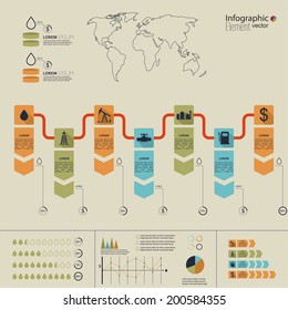 Oil infographic. Extraction, processing, transportation of oil, gasoline sales. Flat design. annual report
